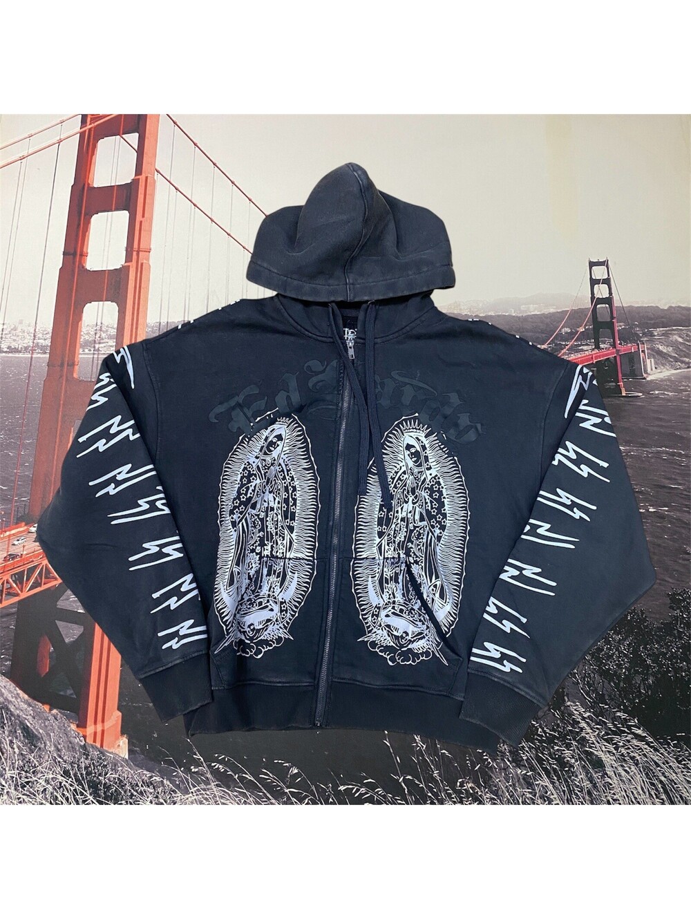 Ed Hardy Mens Size Medium Mary Boxy Full Zip Up Graphic Hoodie Grey Distressed